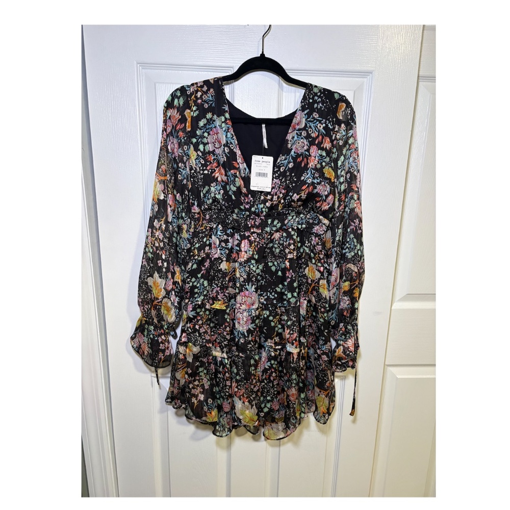 Free People Black Floral Long Sleeve Mini Dress NWT Size S Boho